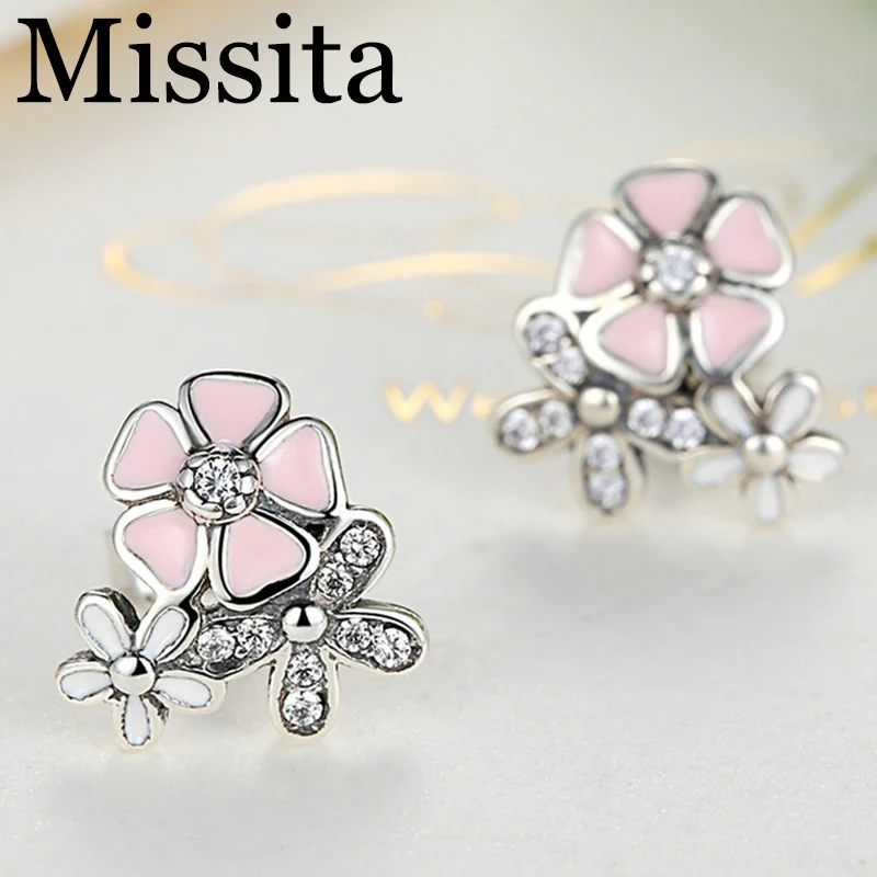 

Cuteeco Silver Earrings Pan Daisy Drop Earring Pink Enamel With Clear CZ Zircon For Women Engagement Jewelry Gifts