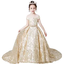 Gold Pageant Party Dress for Girls Christmas Dress Luxury Long Kids Evening Ball Gowns Lace 2019 Flower Girl Dresses with Train lovely princess flower girls dresses with bow long pageant dress kids party dress ball gowns pink custom made