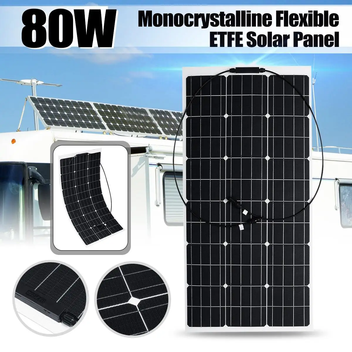 

18V 80W Semi-Flexible Solar Panel Solar Charger For 12V Car Battery ETFE Monocrystalline Cells For Hause,boat,roof