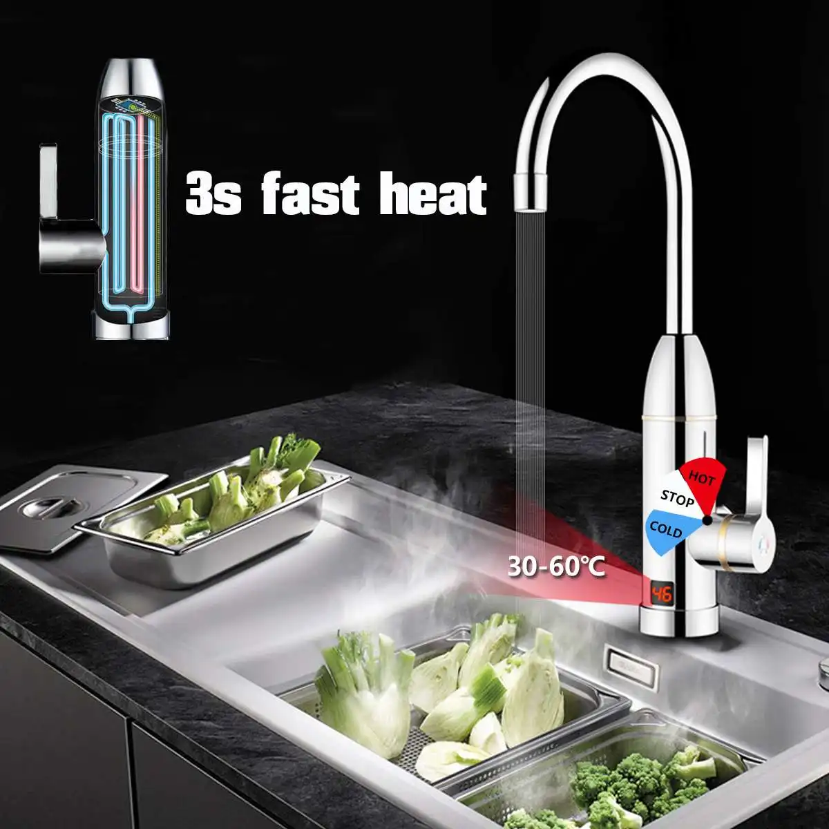 Home 220V 3000W Instant Electric Faucet Tap Hot Water Heater Stainless Steel Under Inflow LED Display Bathroom Kitchen|Электрические