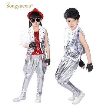 

Songyuexia Sparkly Sequin Jazz Dance Costume Children Girls hip-hop Dance Suit Modern Dance Stage Model Performance Suit