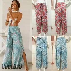 Великобритания для женщин Boho Цветочный разделение свободные длинные брюки пляж Высокая талия широкие брюки