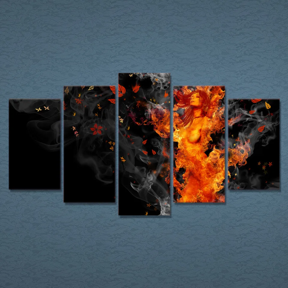

Canvas Art Wall Pictures Frame Home Decor 5 Panel HD Printed Flame Girl Buring Nude Abstract Poster Modern Oil Paintings .