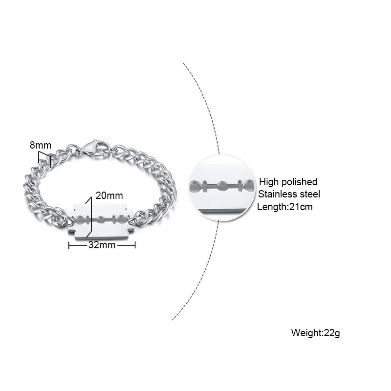 Vnox уникальные мужские бритья Шарм в виде лезвия браслет из нержавеющей стали звено цепи pulseira masculina 8,26 дюйма