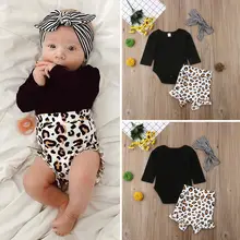 Комплект одежды для маленьких девочек, модный боди с длинными рукавами, топ, штаны с леопардовым принтом, повязка на голову, повседневные комплекты одежды для девочек 0-24 месяцев