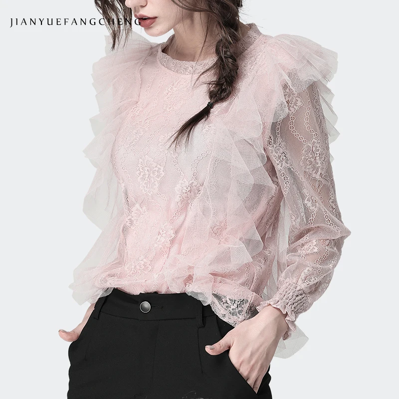 

Lace Shirt 3D Ruffles Pink Mesh Blouse For Women Round Collar Long Sleeve Hollow Out Floral Top 2019 New Female Korean Clothing