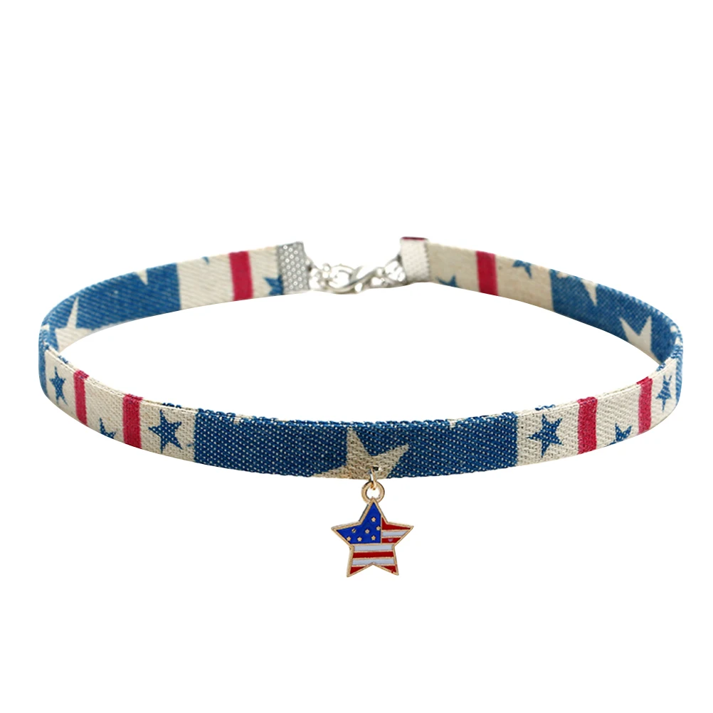 

1pc Personalized Creative Five-pointed Star American Flag Necklace National Flag Pendant Choker Star Pattern Denim Necklace