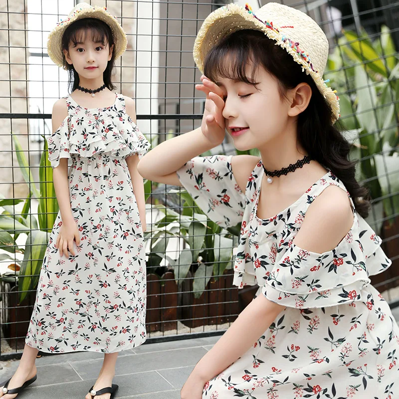 

Girls Summer Chiffon Dress Floral Print off-the-Shoulder Bohemian Resort Vest Small Fragrant Wind Sundress4T-7T-9T-11T-13T-15T