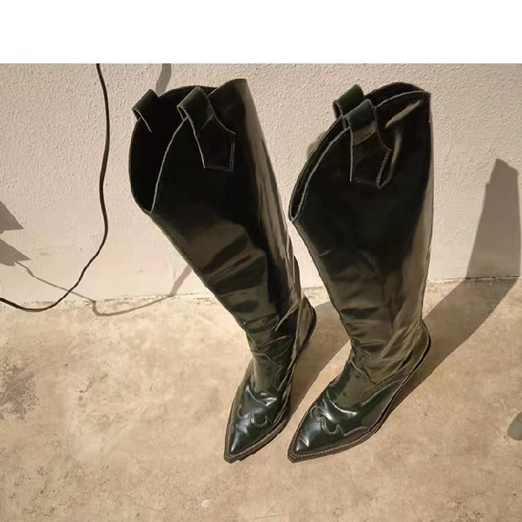 

Dipsloot 2019 Women Transparent Wedges Pointed Toe Knee High Boots Ladies Slip-on Patent Leather Long Boots Girls Runway Shoes