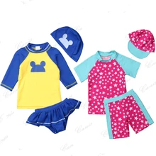 Летние От 1 до 6 лет детские для девочек и мальчиков короткий или длинный рукав футболка и шорты с милым рисунком 3 шт наряды Купальники Купальник с защитой от солнца спортивный костюм