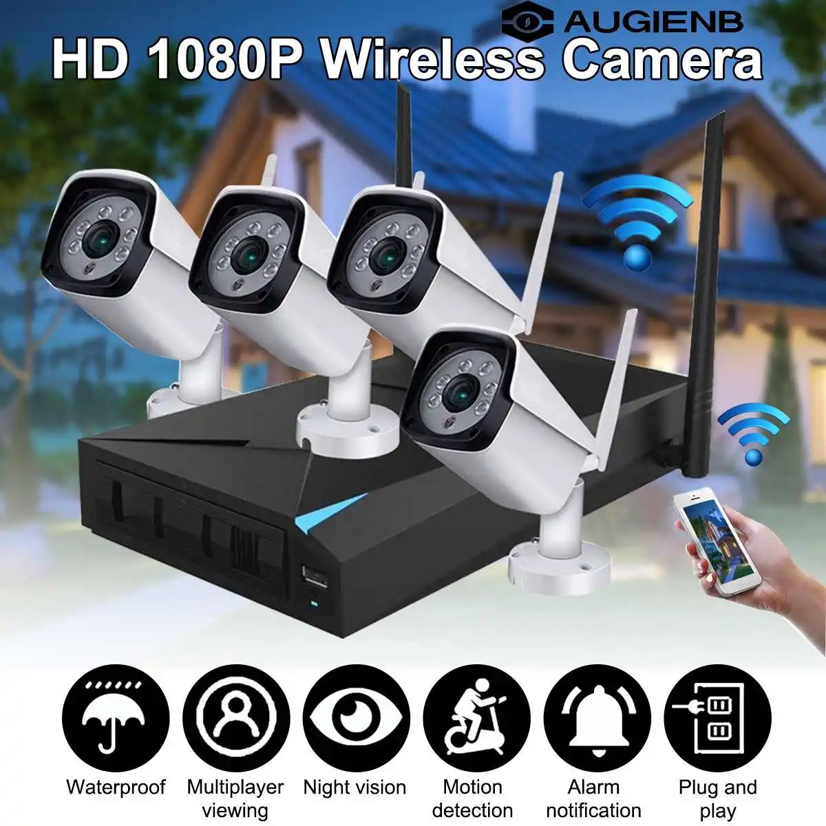 

1080P Wireless Security Camera System, 4CH NVR WiFi IP Cameras, CCTV Video Surveillance System Kit Plug & Play, Motion Detection
