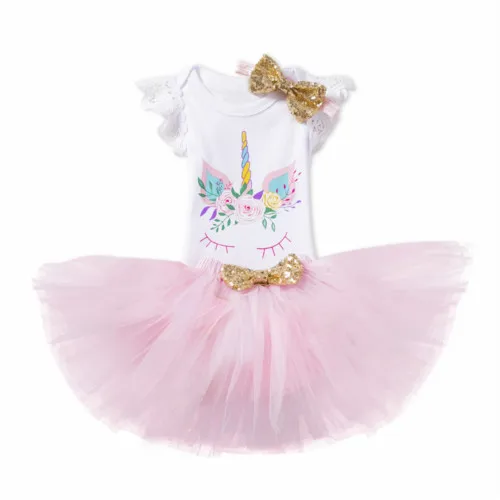 

Newborn Baby Girl Unicorn Romper +Lace Tutu Skirt Party Headband 3PCS Outfit Set 12M Baby Clothes