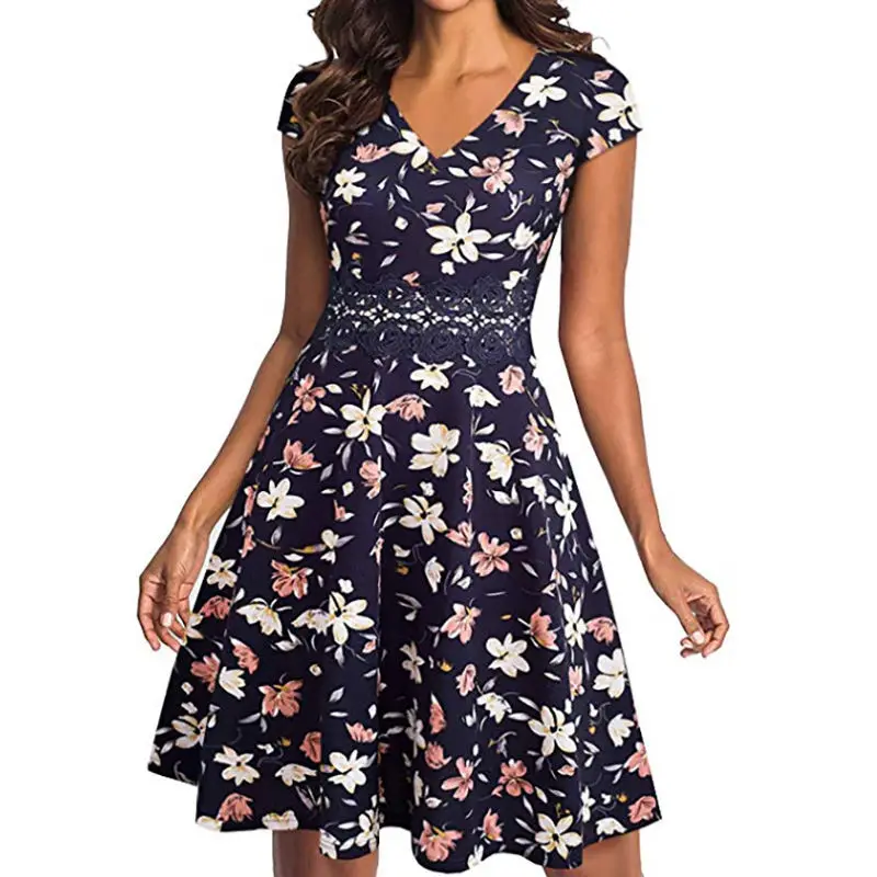 

Women'S Summer Vintage Ruffle Printed Sleeveless Lace Splice A Line Swing Casual Cocktail Party Midi Dress Flora