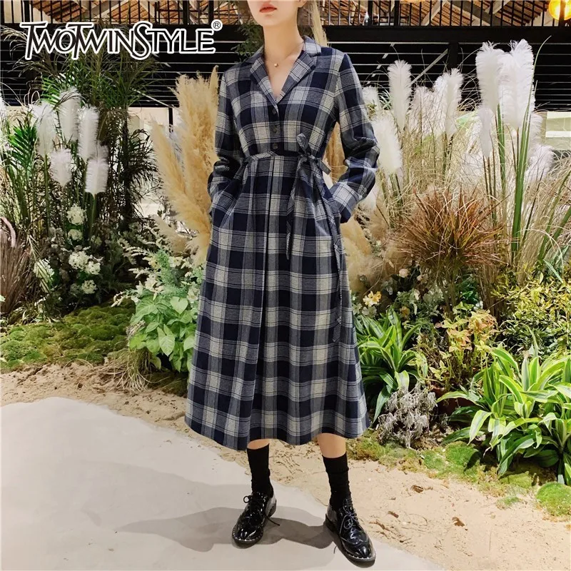 TWOTWINSTYLE 2019 Spring Plaid Dresses For Women Long Sleeve High Waist