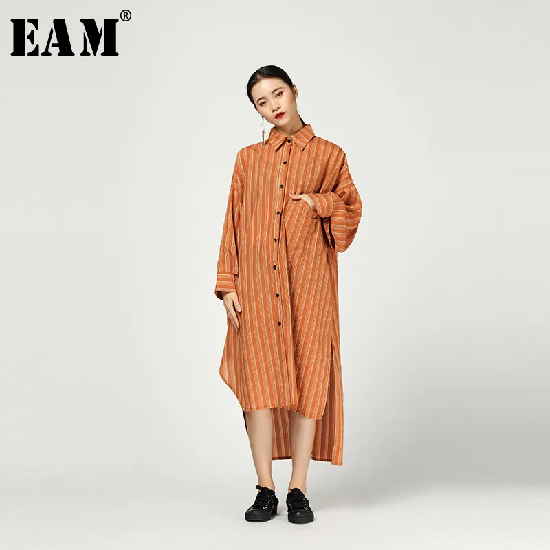 

[EAM] 2019 New Autumn Winter Lapel Long Sleeve Orange Stripes Pattern Long Irregular Hem Shirt Dress Women Fashion Tide 1C005