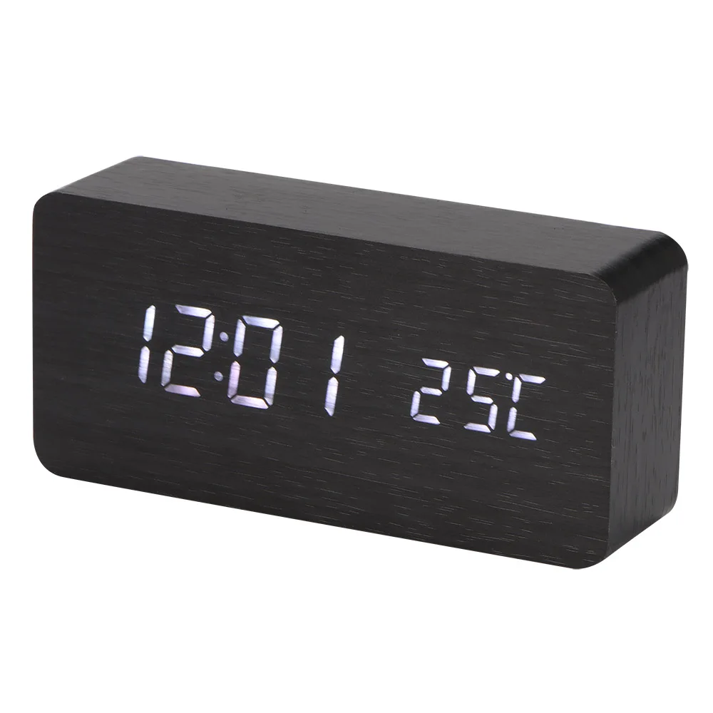 

Wooden LED Alarm Clock Display Date+Time+Celsius/Fahrenheit Temperature Sound Control Function A Table Desktop Clocks