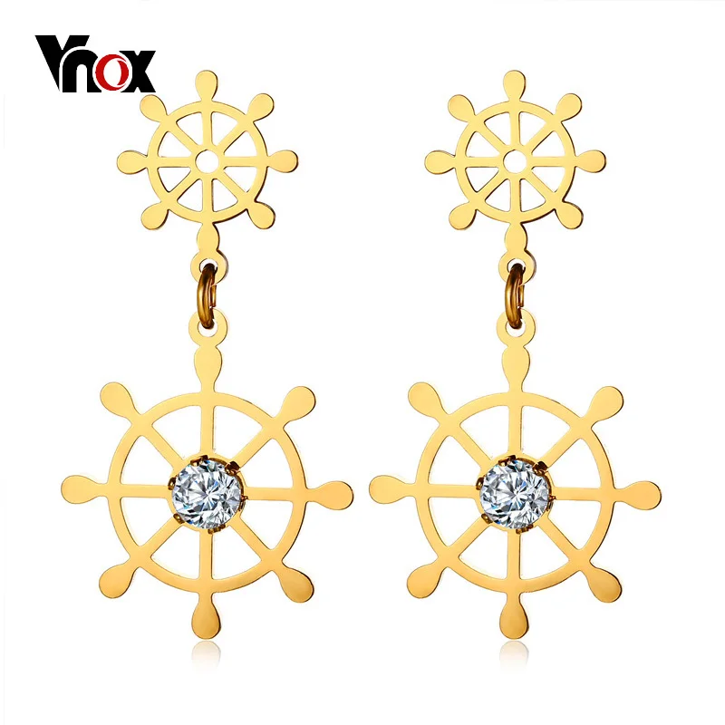 

Vnox Rudder Design AAA CZ Stone Women Drop Earrings Hollow Gold-color Stainless Steel Sailing Jewelry Party Beach Holiday Bijoux