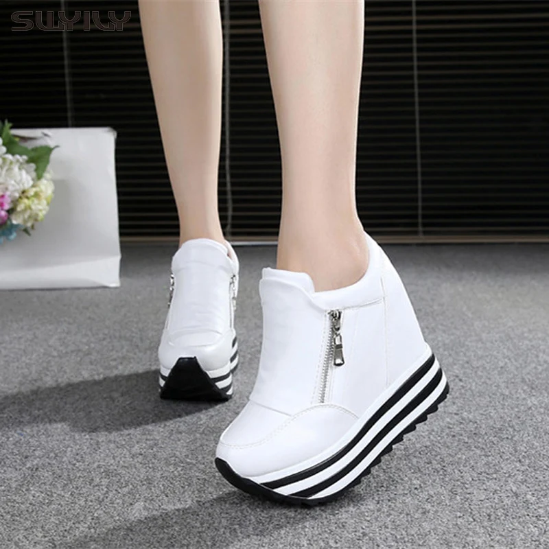 

SWYIVY 11cm Wedge Shoes For Woman Sneakers White Shoes 2019 Spring/Autumn New Fashion Women's Footwear Ladies Casual Shoes Black