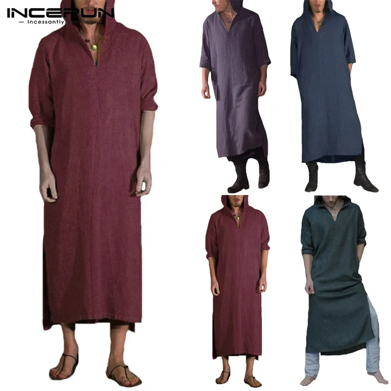 

INCERUN Muslim Clothes Men Kaftan Hooded Long Sleeve V-neck Loose Jubba ThobeVintage Men Islamic Arab Kaftan Saudi Arabia Robes