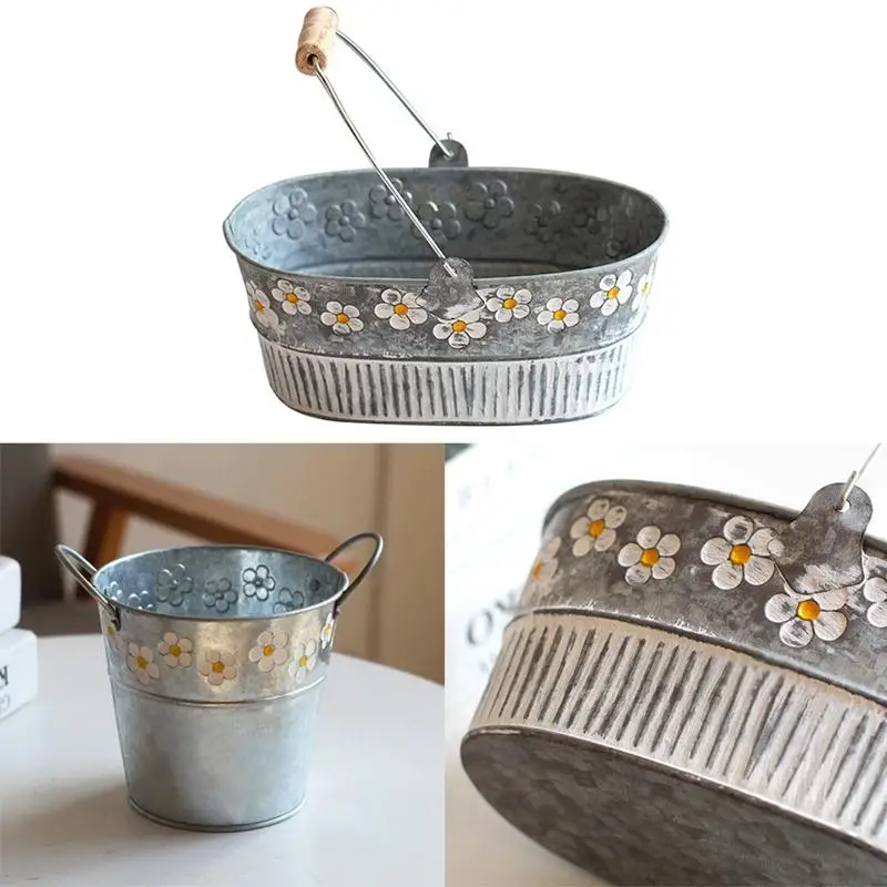 

Vintage Embossed Snowflake Iron Flower Bucket Iron Bucket Flowerware Garden Plant Container For Balcony Home Decor