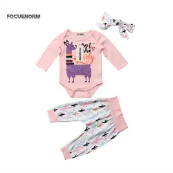 Для новорожденных одежда для малышей Топ для девочек Альпака Животные печати с длинным рукавом комбинезон штаны с цветочным принтом