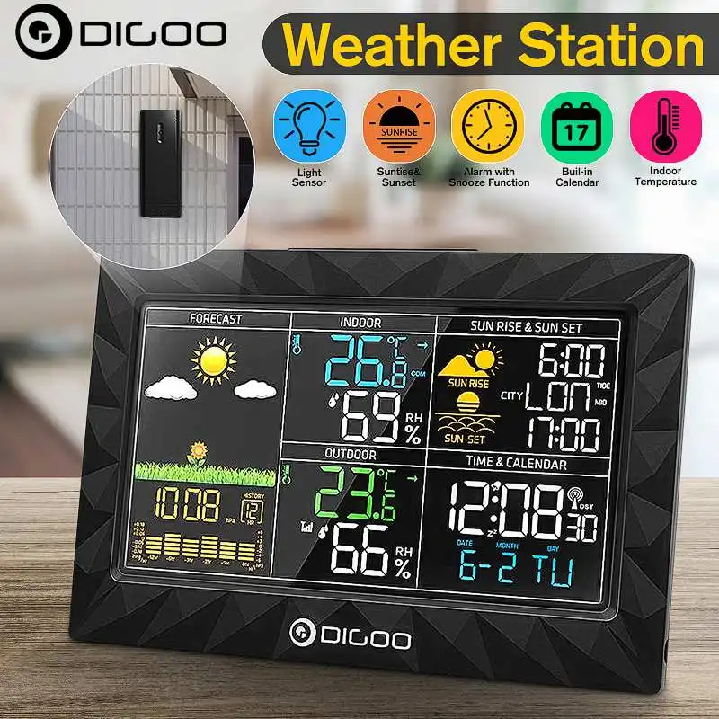 

Colorful Large Screen Thermometer Hygrometer Weather Station Sunrise Sunset Display Outdoor Indoor Temperature Humidity Sensor
