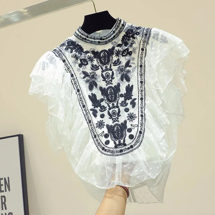 

Ruffles lace blouse women 2019 new arrivals loose mesh patchwork stand collar vintage short sleeve tops 2colors