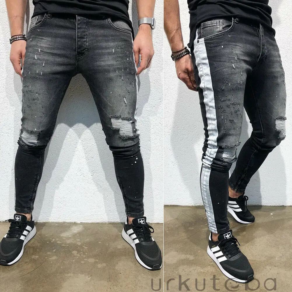 Стильные мужские черные обтягивающие классические джинсы в стиле хип-хоп, Стрейчевые рваные джинсы Hombre, облегающие байкерские облегающие джинсы с боковой полосой
