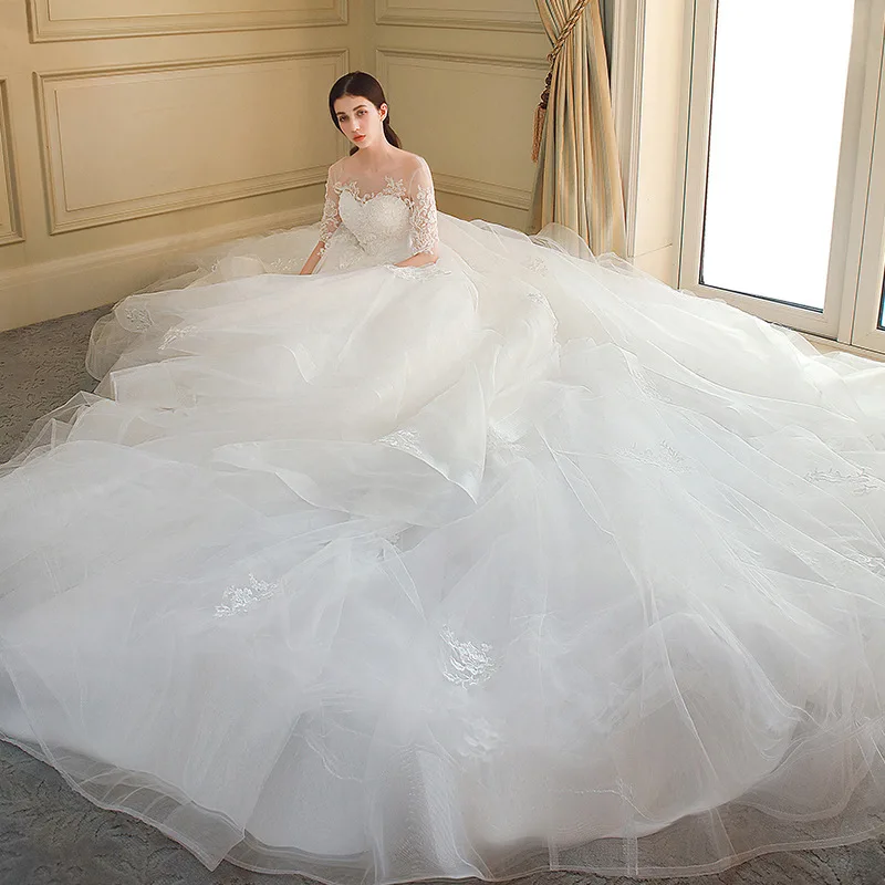 Mingli Tengda Lace Bride Wedding Dress Scoop Neck Half Sleeve Wedding Dresses Appliques Tiered Sexy Backless Ball Gowns Mariage Mingli Tengda Lace Bride Wedding Dress Scoop Neck Half Sleeve Wedding Dresses Appliques Tiered Sexy Backless Ball Gowns Mariage