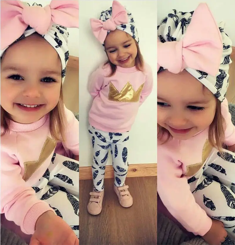 

Pudcoco Girl Set 0-4Y Stock Fashion Toddler Baby Girl Crown Tops T-shirt Pants Clothes Outfits 3Pcs