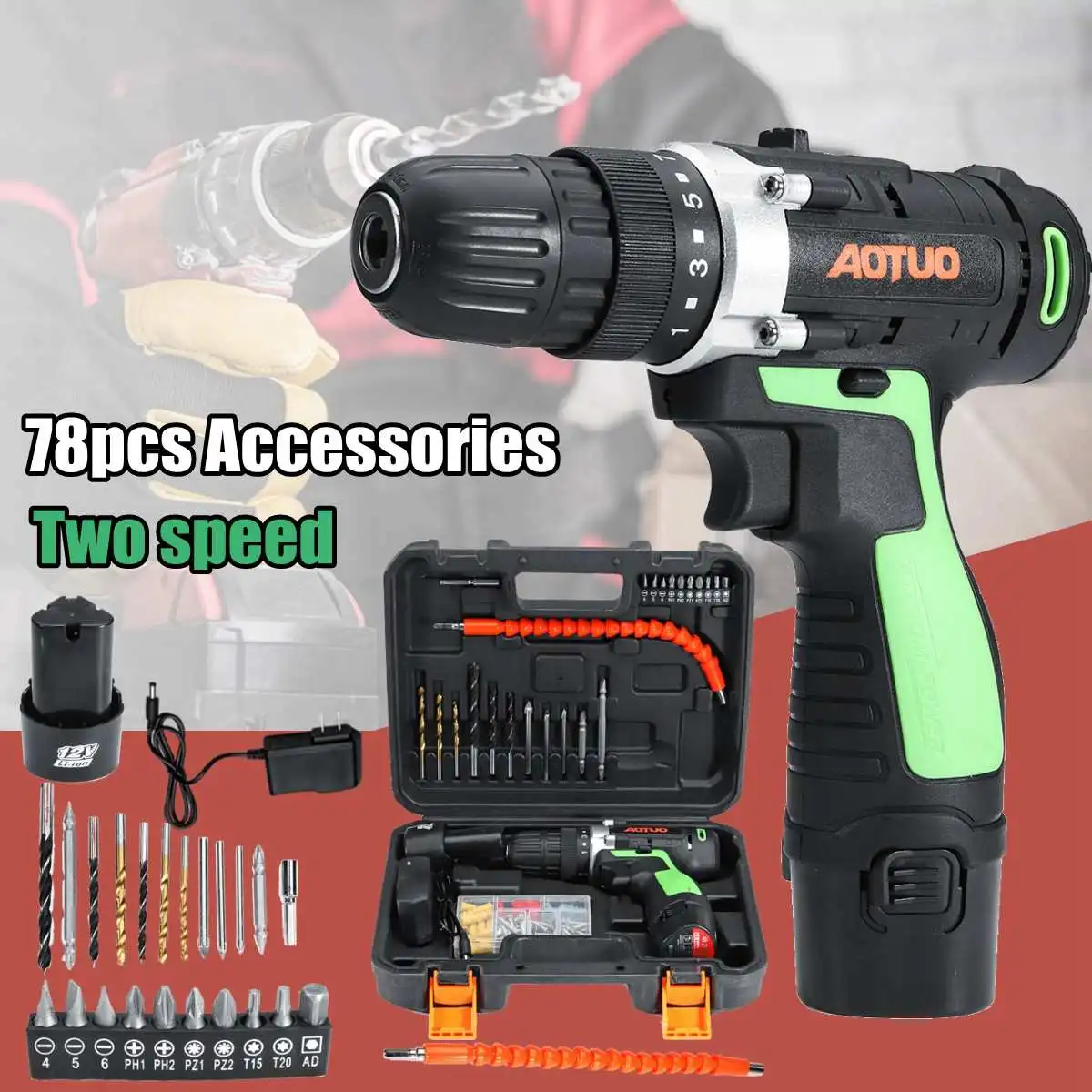

AOTUO 78Pcs 12V Li-Ion Cordless Power Drills Kit Electric Screwdriver Single/Double Speed 2 Battery