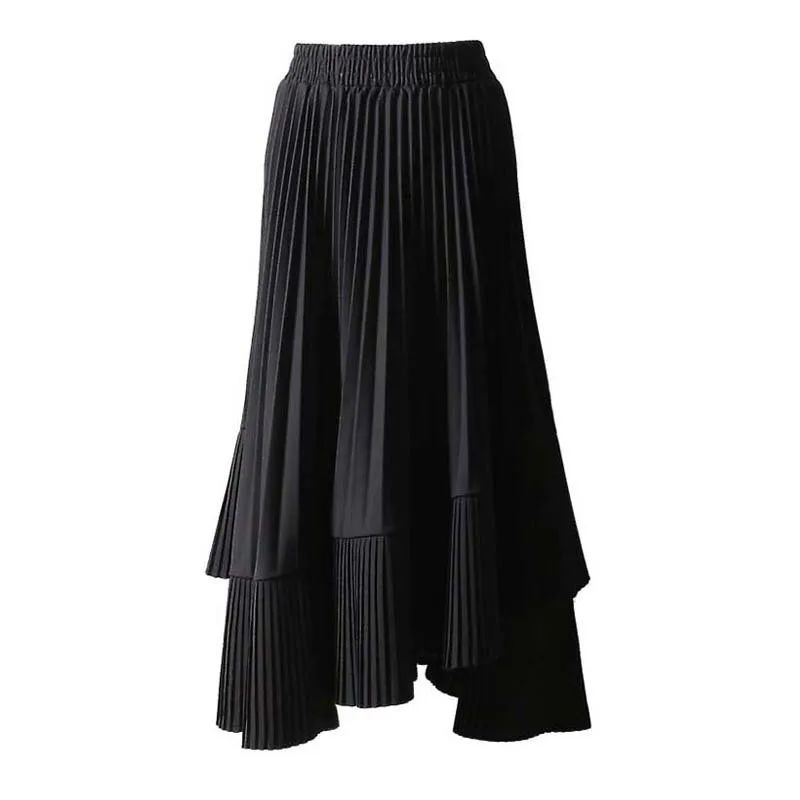 

[EWQ] 2019 New Spring Summer High Elastic Waist Black Hem Pleated Stitch Irregular Half-body Skirt Women Fashion Tide JL823