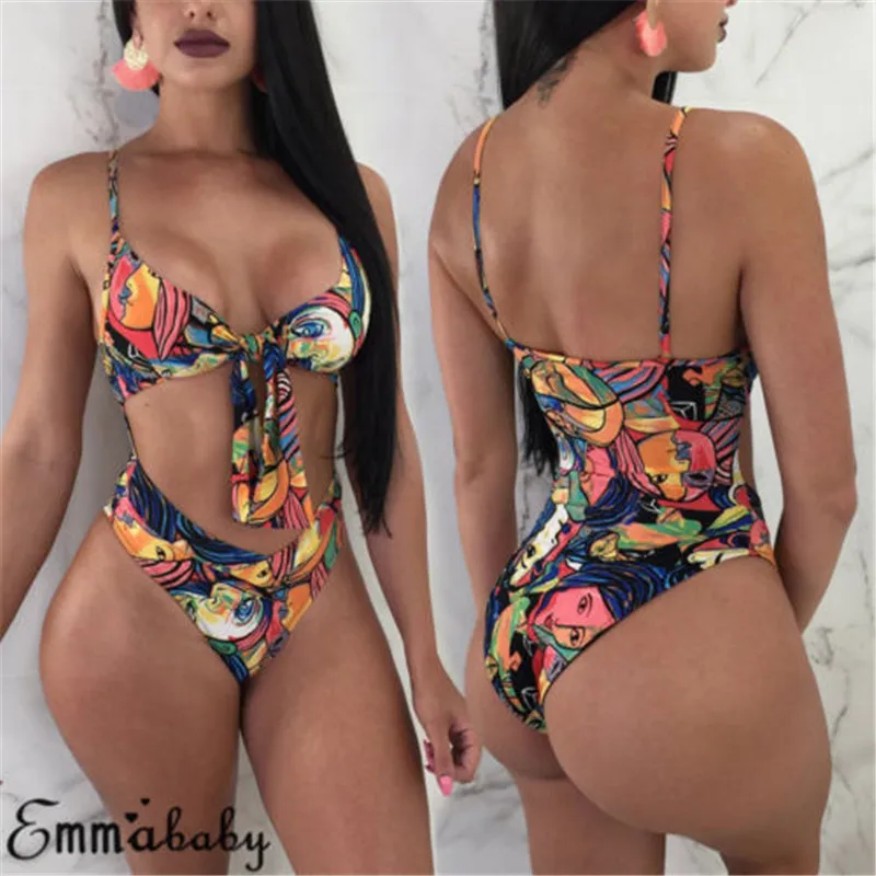

2019 Sexy One Piece Swimsuit Women Push Up Swimwear Bodysuit Flower Print Bandage Beach Wear Bathing Suit Monokini Swimsuit Lady