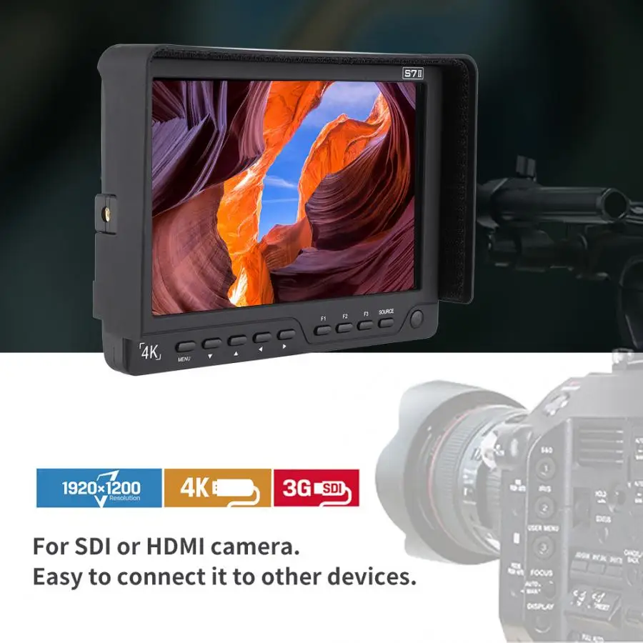 

S7II 7'' 4K 3G-SDI HDMI Monitor Video Camera Display 4K HDMI video source signal 1920*1200 HD Screen Monitor Kit Sunshade