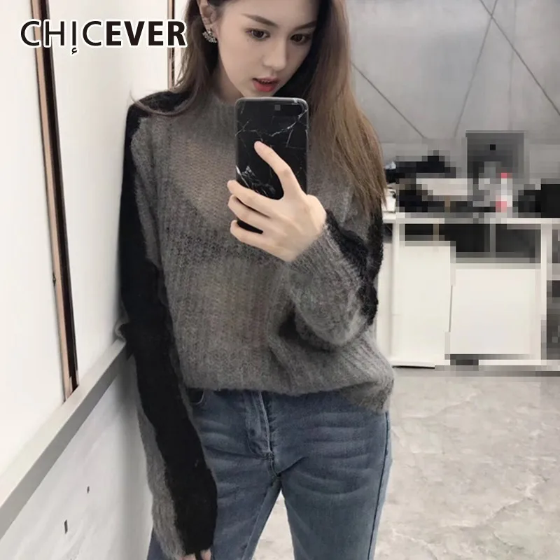 

CHICEVER Hit Color Sweater For Women's Turtleneck Long Sleeve Perspective Patchwork Knitting Pullovers Tops Female Fashion New