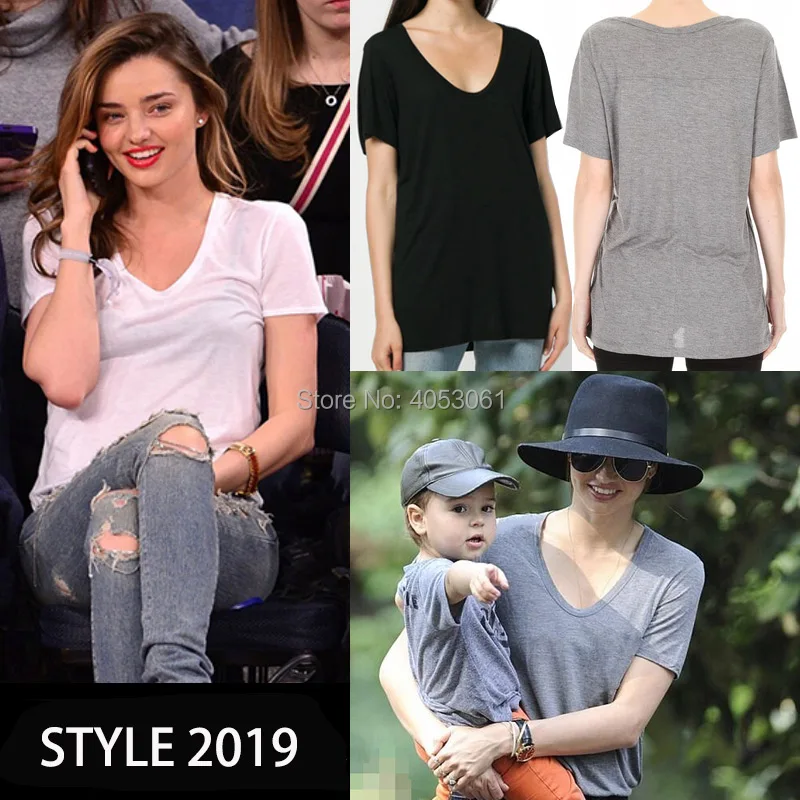 

Cotton 100% Black/White/Grey U Collar T Shirts Features Front Side Pocket - Bopstyle 2019 Summer New Style U-Sharp Neck Tees Top