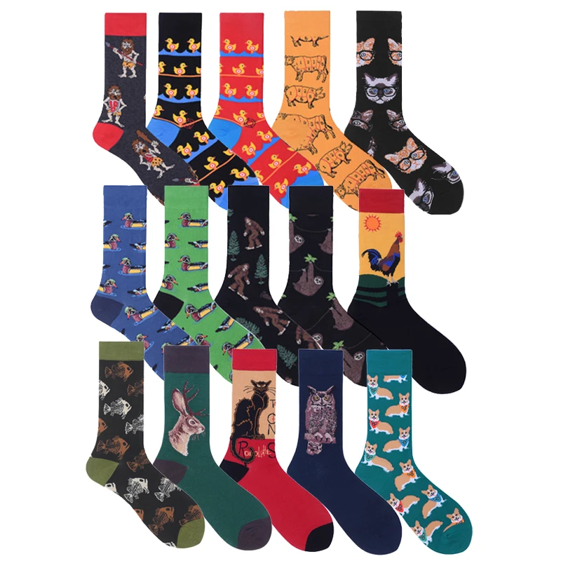 

Men Socks Fashion Cartoon Owl Sloth Cock Deer Vintage Funny Happy Hip-hop Harajuku Street Style Male Casual Skate Cotton Socks