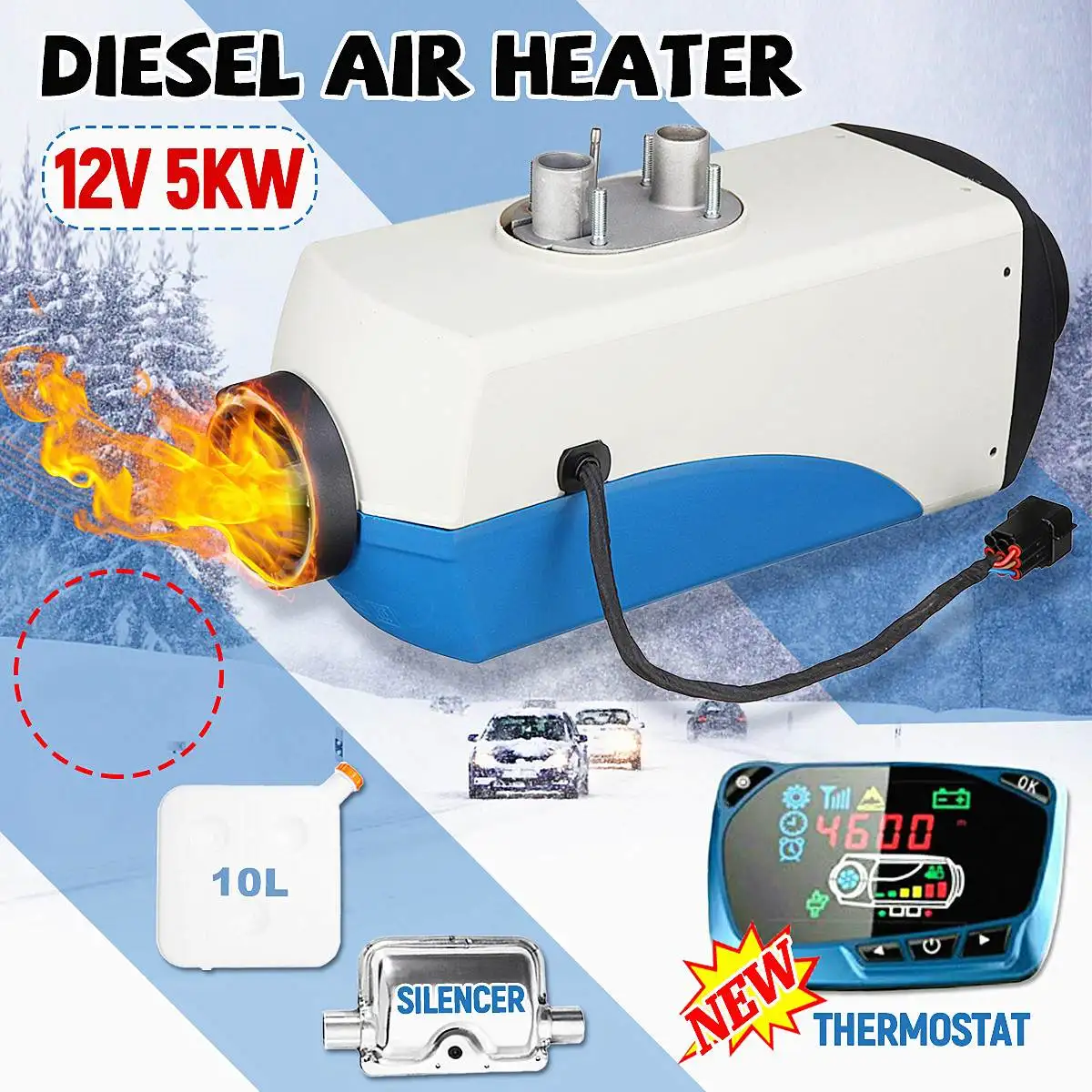 

12V 5000W LCD Monitor Air diesels Fuel Heater Single Hole 5KW Parking Heater For Boats Bus Car Heater With Silencer For free