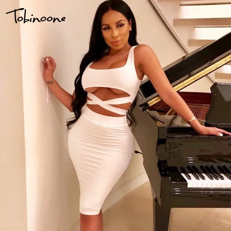

Tobinoone Sexy Bandage Dress Women 2018 New Hollow Out lace up Party Dress Clubwear 2 Pieces straps Dresses Lady Vestidos