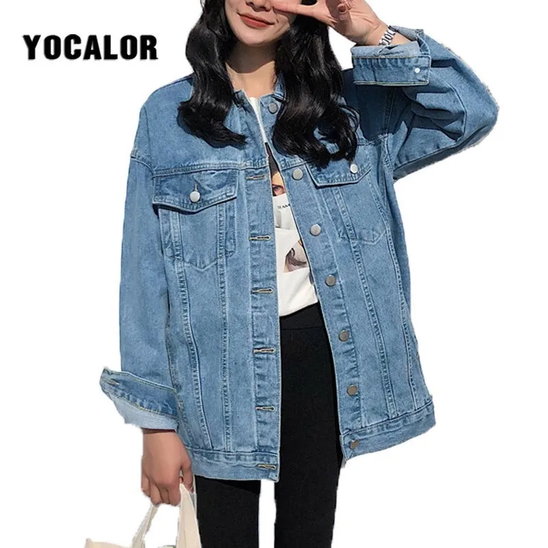 Finest YOCALOR Solid Jean Jeans Jacket For Women Loose Casual Blue Women Coats Female Outwear Denim Femini
