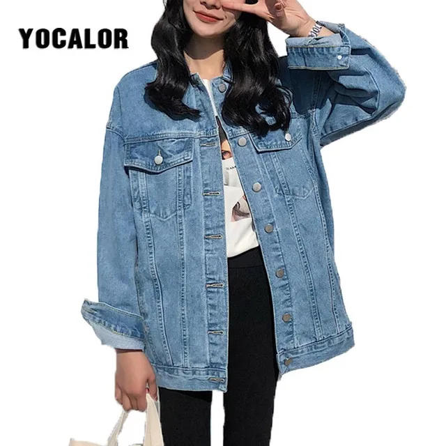 US $22.08 YOCALOR Solid Jean Jeans Jacket For Women Loose Casual Blue Women Coats Female Outwear Denim Femini