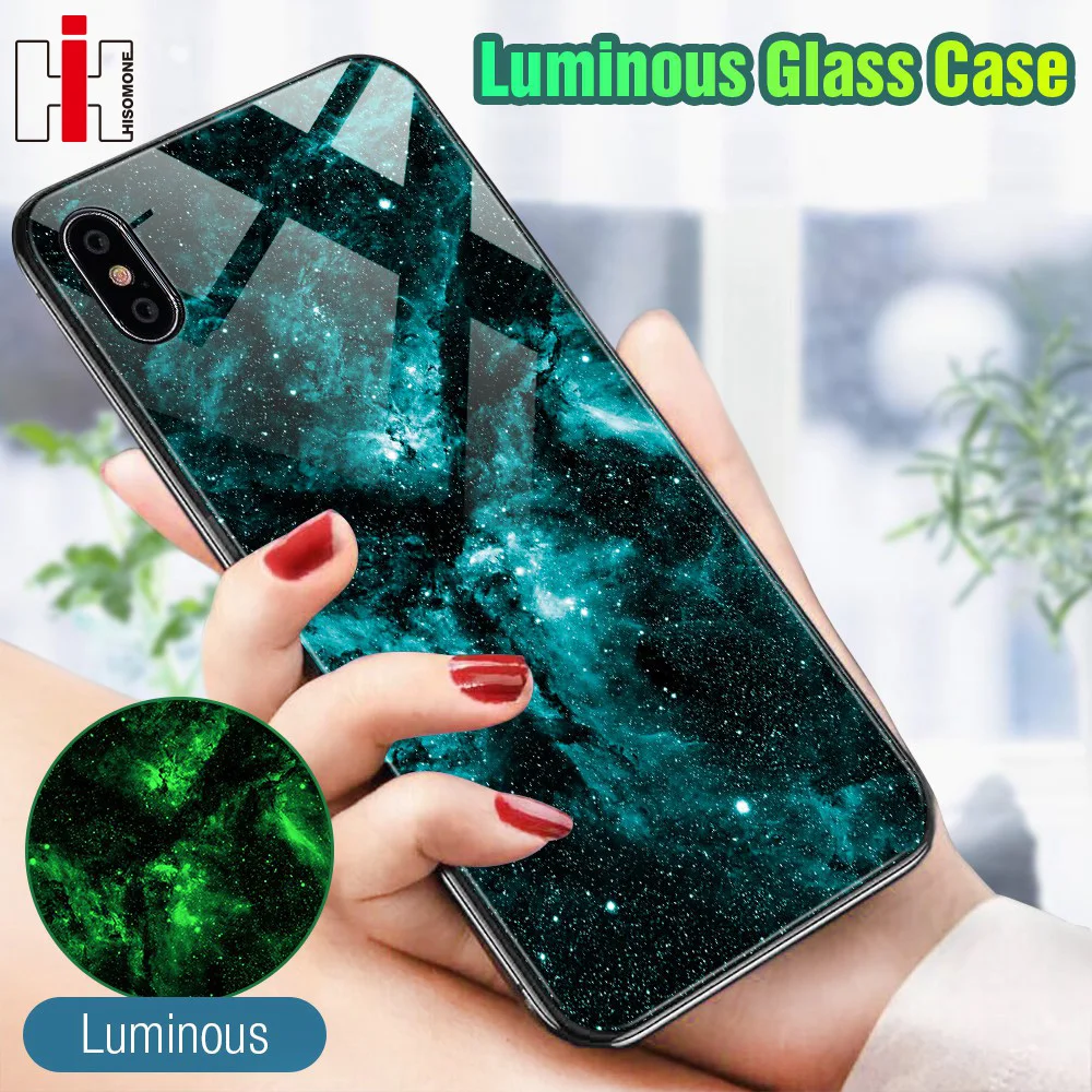 Hisomone Luminous Glass Case For iPhone 7 8 Plus Case Luxury Silicone Cover For iPhone Xs Max Case For iPhone 6 6S 6 S 8Plus X