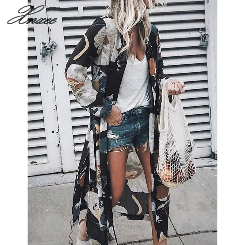 

Womens Floral Loose Kimono Cardigan Chiffon Shirt Boho Beach Print Long Coat Women Summer Sun Protection Jacket Streetwear