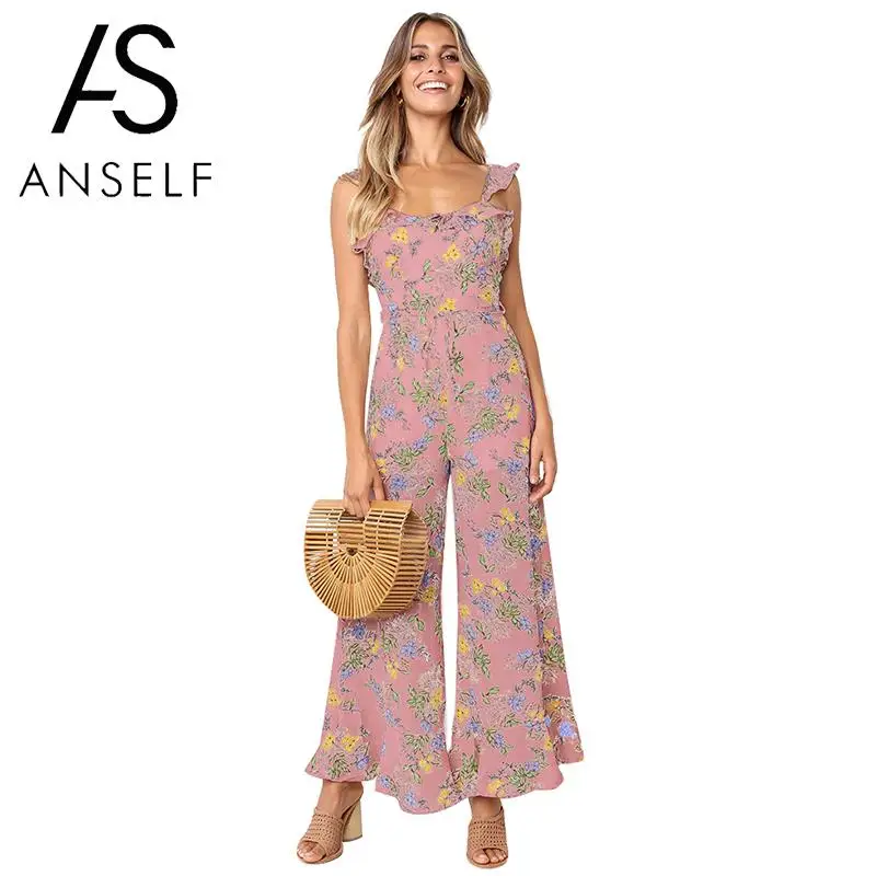 

Anself Rompers Womens Jumpsuit Chiffon Floral Print Sleeveless Backless combinaison femme 2019 High Waist Wide Leg Vacation Wear