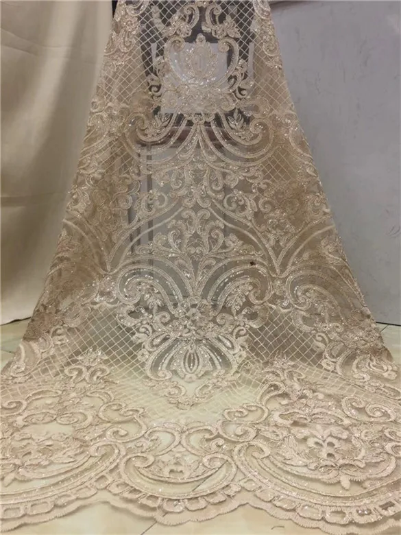 

2018 High Quality African Lace Fabrics/French Net Embroidery gold Sequins Tulle Lace Fabric For Nigerian Wedding Dress