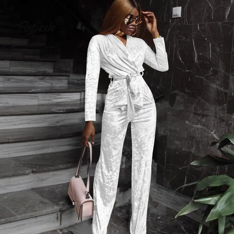 

DRESSMECB Fashion Casual Velvet Two Piece Set 2018 New Autumn Top And Pants 2 Piece Set Women Sashes Suit Sexy Winter Sportswear