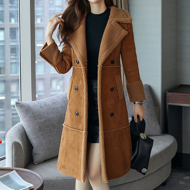 Длинное пальто из искусственного меха зимняя теплая куртка из овечьей шерсти Женская Лоскутная куртка больших размеров модная женская верхняя одежда из искусственного меха