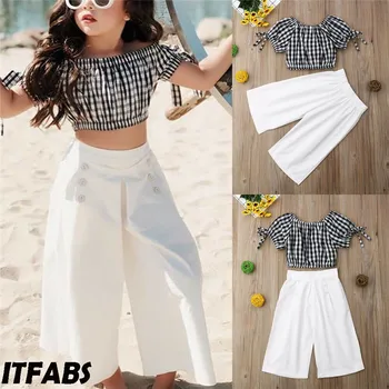 

PUDCOCOC Fashion Kids Baby Girl Off Shoulder Checks Tops T-Shirt + Long Wide Leg Pants Outfits Cotton Pop Kids Clothes Sets 2-6T