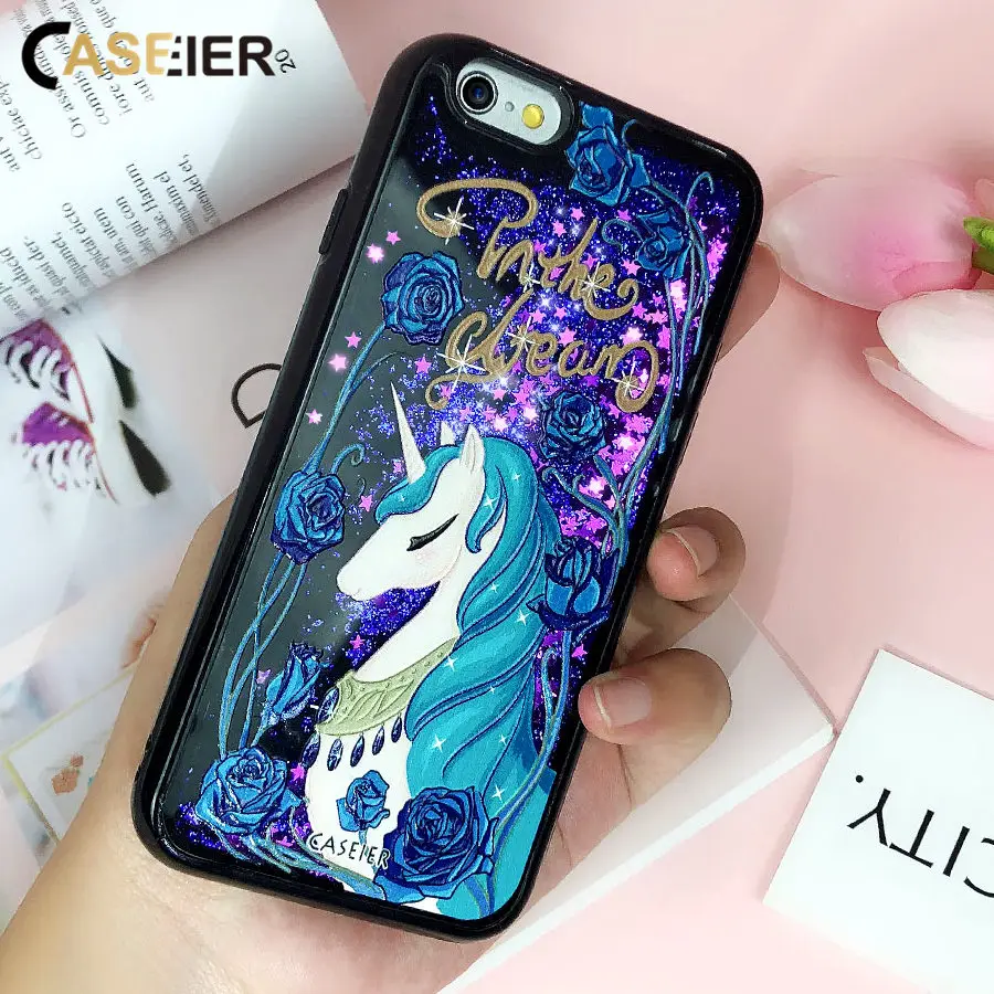 

CASEIER Luxury Unicorn Quicksand Phone Case For iPhone 7 8 Plus X Cute Patterned Gily Cases For iPhone 6 6S X Funda Couque Capa