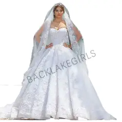 Великолепная Винтаж кружево свадебное платье Милая декольте 2019 белый бальное невесты платья корсет сзади